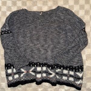 Free People Cozy Gray Sweater with Patterned Hem oversized